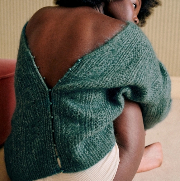 Sezane Susanna Kid Mohair/ Wool Green Fancy Knit Cardigan - Picture 4 of 6